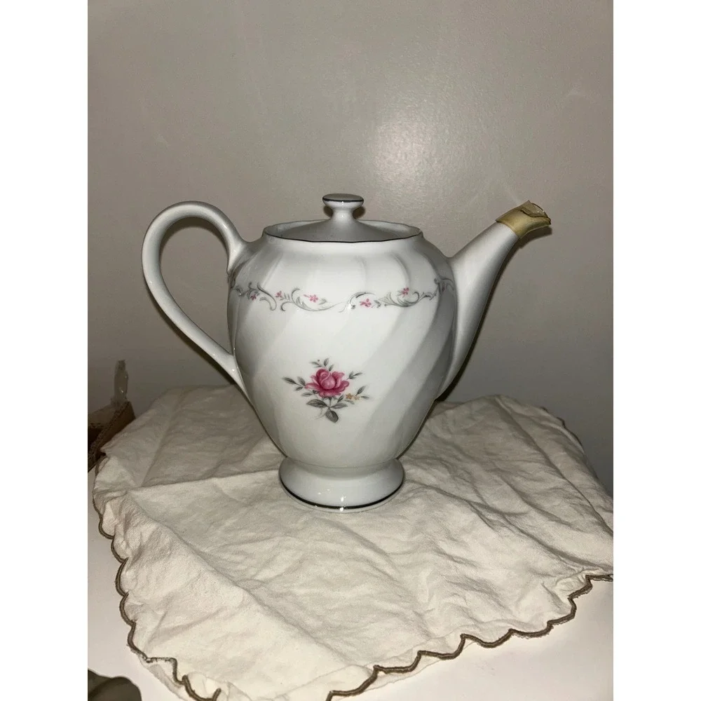 Royal Swirl Fine China Teapot Pink Rose Silver Trim Vintage Japan Floral Tea Pot